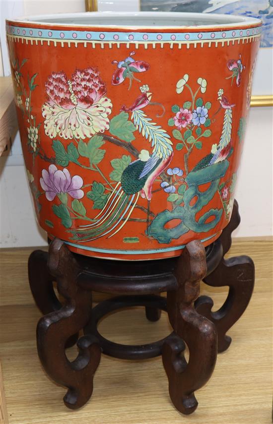 A Chinese coral ground famille rose jardiniere, wood stand Total height 60cm